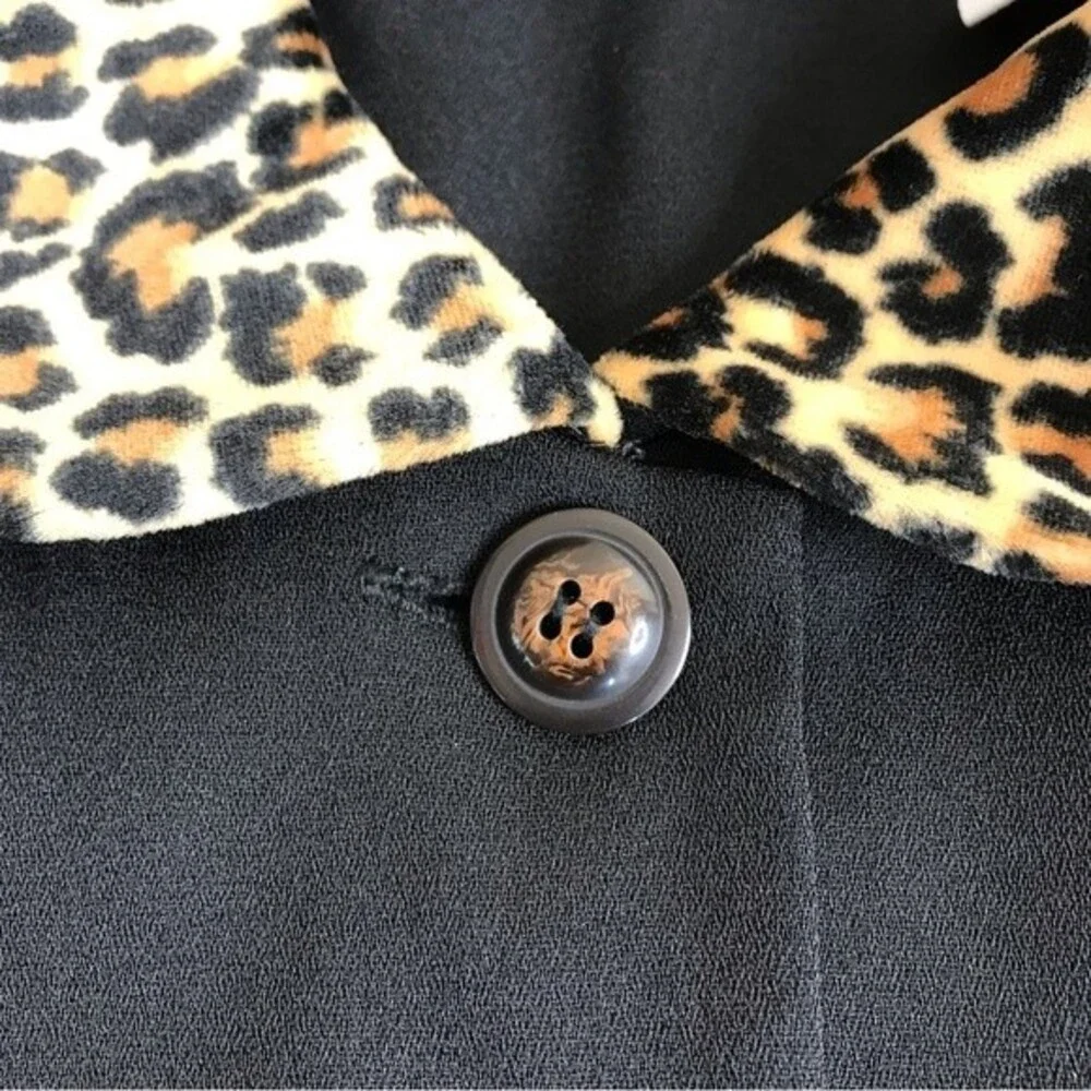 Sag Harbor Leopard Collar Black Button Up Unlined Jacket Long Sleeve Women 16